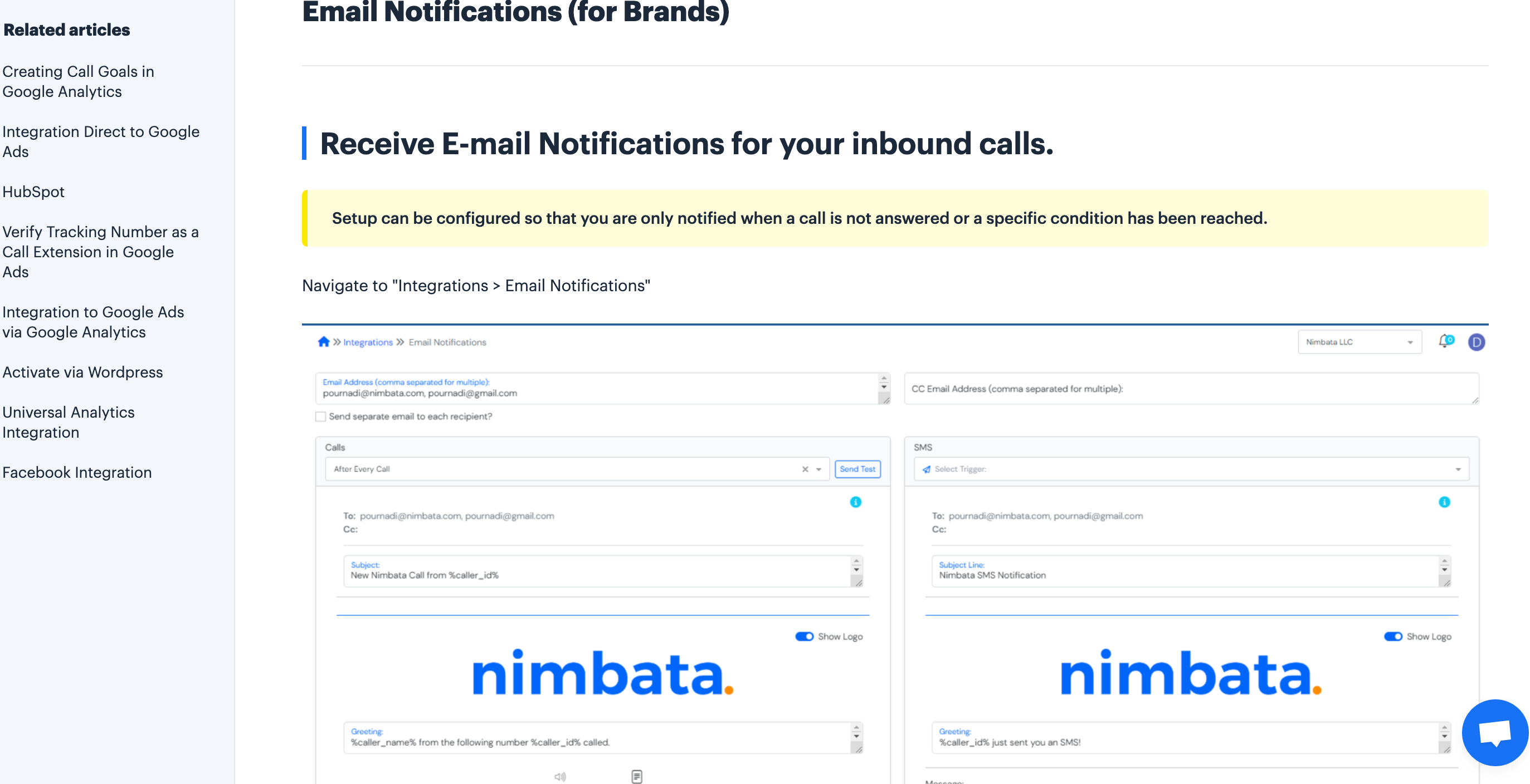 nimbata call tracking notifications